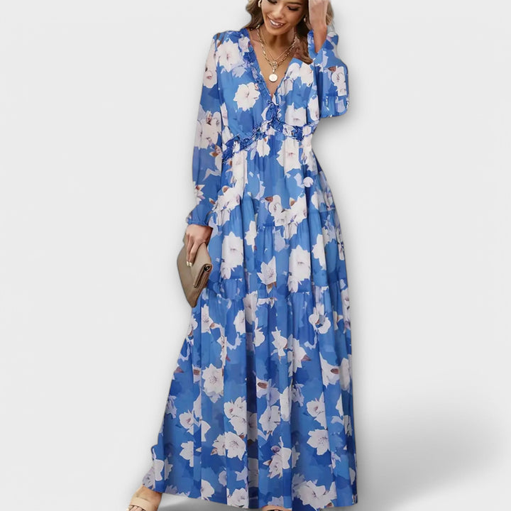 Floral V-Neck Tiered Maxi Dress in Blue — VerolynBoutique