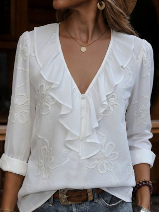 Embroidered Ruffle V-Neck Blouse in White — VerolynBoutique