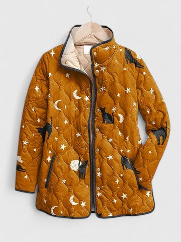 Mustard Cat Print Quilted Jacket in Multicolour — VerolynBoutique