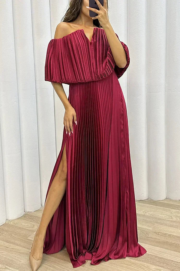 Off-Shoulder Pleated Maxi Dress in Burgundy — VerolynBoutique
