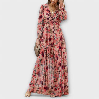 Floral V-Neck Tiered Maxi Dress in Pink — VerolynBoutique