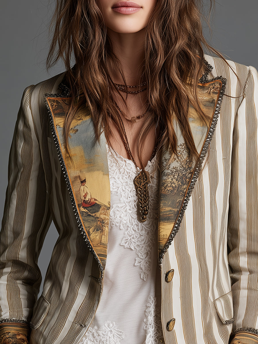 Boho Stripe Lapel Blazer in Khaki — VerolynBoutique