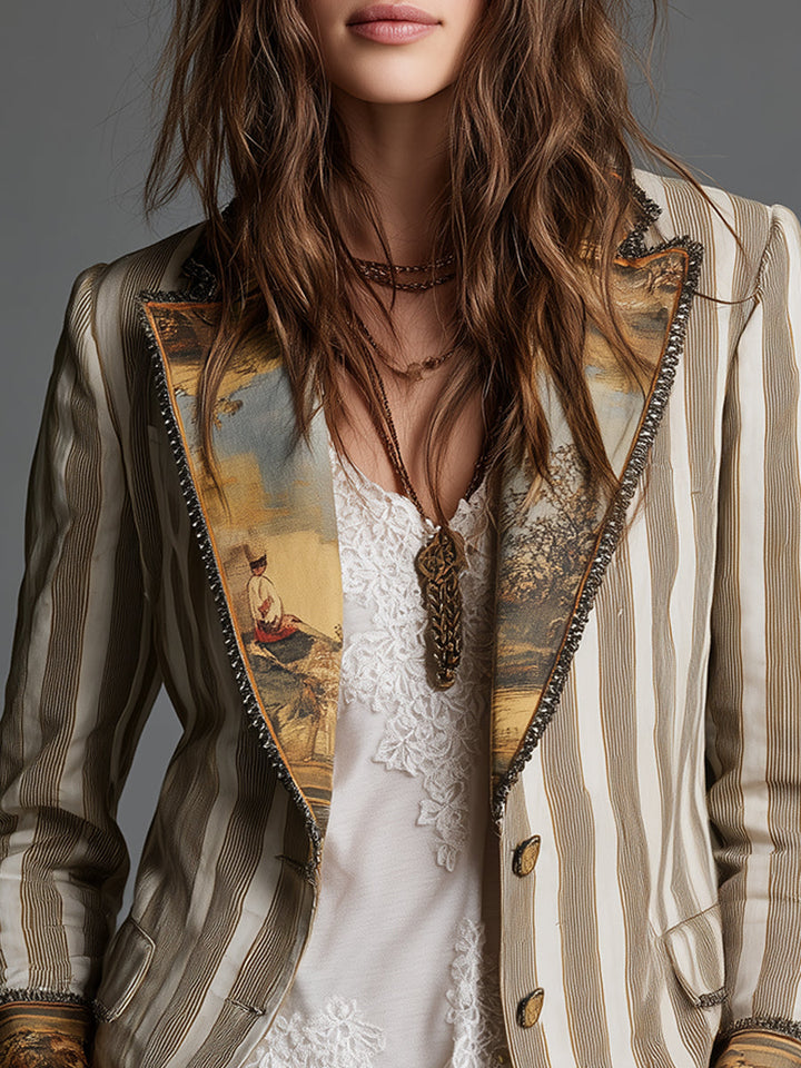 Boho Stripe Lapel Blazer in Khaki — VerolynBoutique