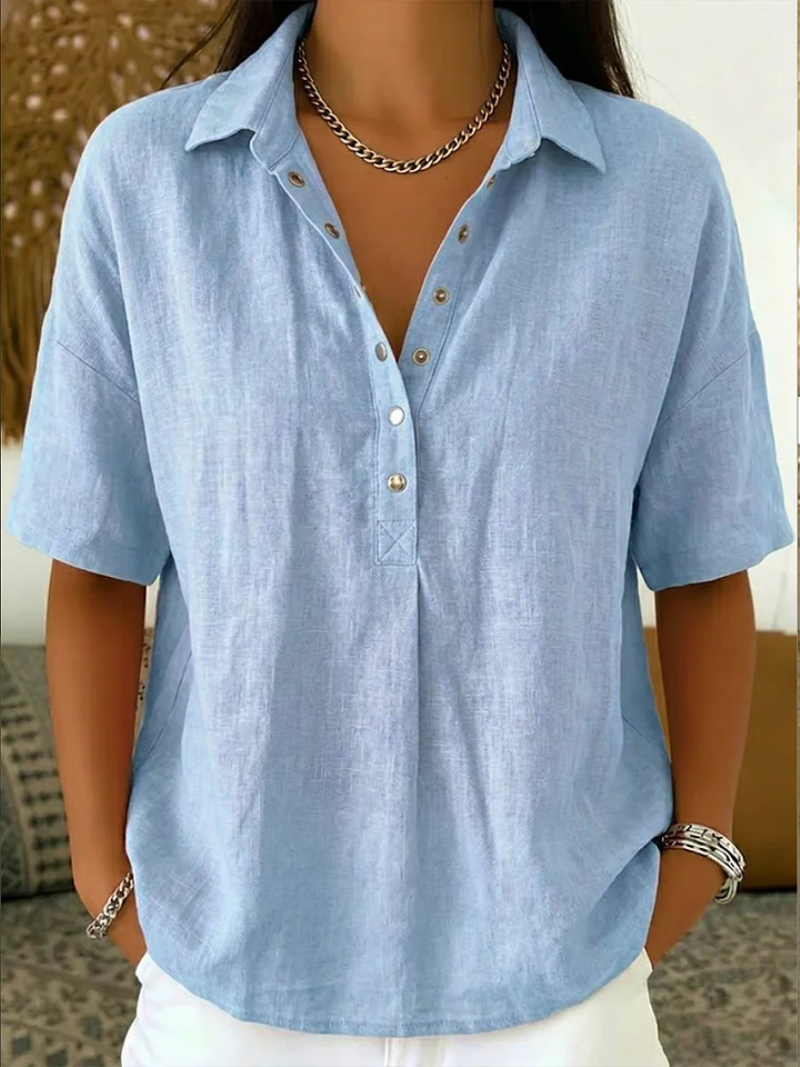 Relaxed Collared Button Blouse in Sky Blue — VerolynBoutique