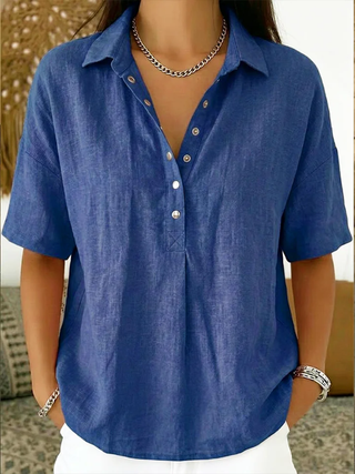 Relaxed Collared Button Blouse in Blue — VerolynBoutique
