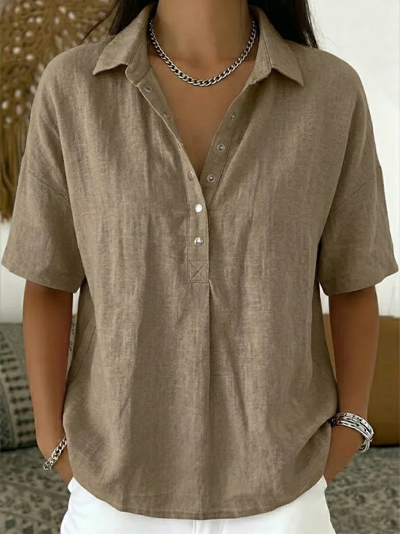 Relaxed Collared Button Blouse in Khaki — VerolynBoutique