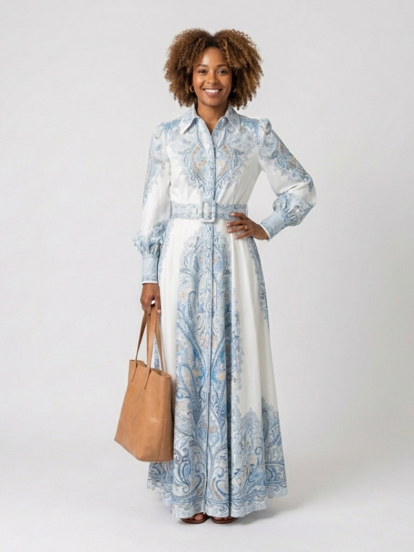 High-Neck Flared Print Maxi Dress in Sky Blue — VerolynBoutique