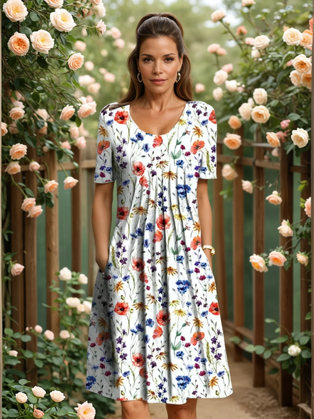 Pleated Floral Midi Dress in Red Floral — VerolynBoutique