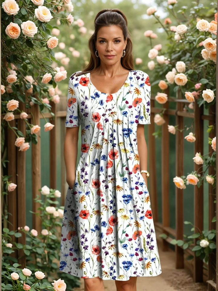 Pleated Floral Midi Dress in Red Floral — VerolynBoutique