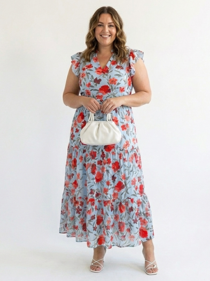 Floral V-Neck Tiered Midi Dress in Green — VerolynBoutique