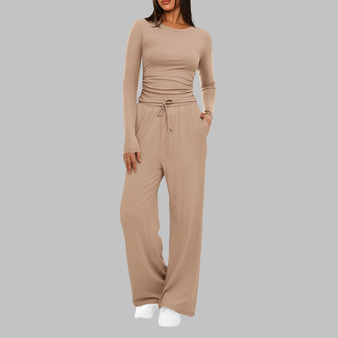 Long Sleeve Wide-Leg Trouser Set in Khaki — VerolynBoutique