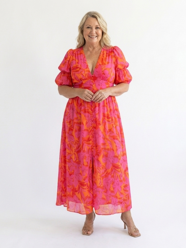 Floral Puff Sleeve Midi Dress in Pink — VerolynBoutique