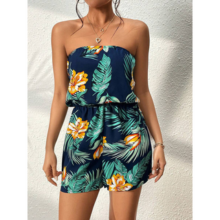Strapless Printed Summer Romper in Navy Tropical Print — VerolynBoutique
