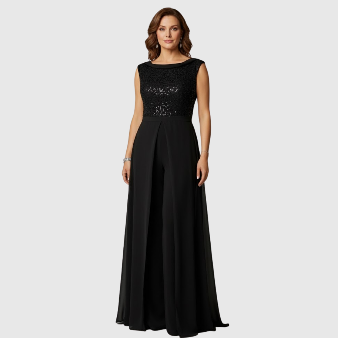 Sequin Bodice Chiffon Overlay Jumpsuit in Black — VerolynBoutique