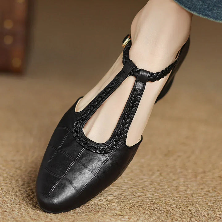 Croc-Embossed Braided T-Strap Shoes in Brown — VerolynBoutique