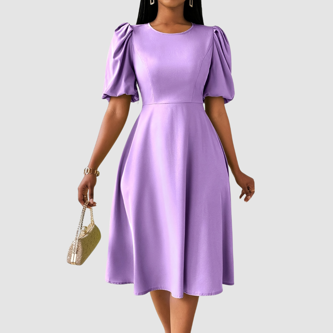 Puff Sleeve Midi Dress in Purple — VerolynBoutique