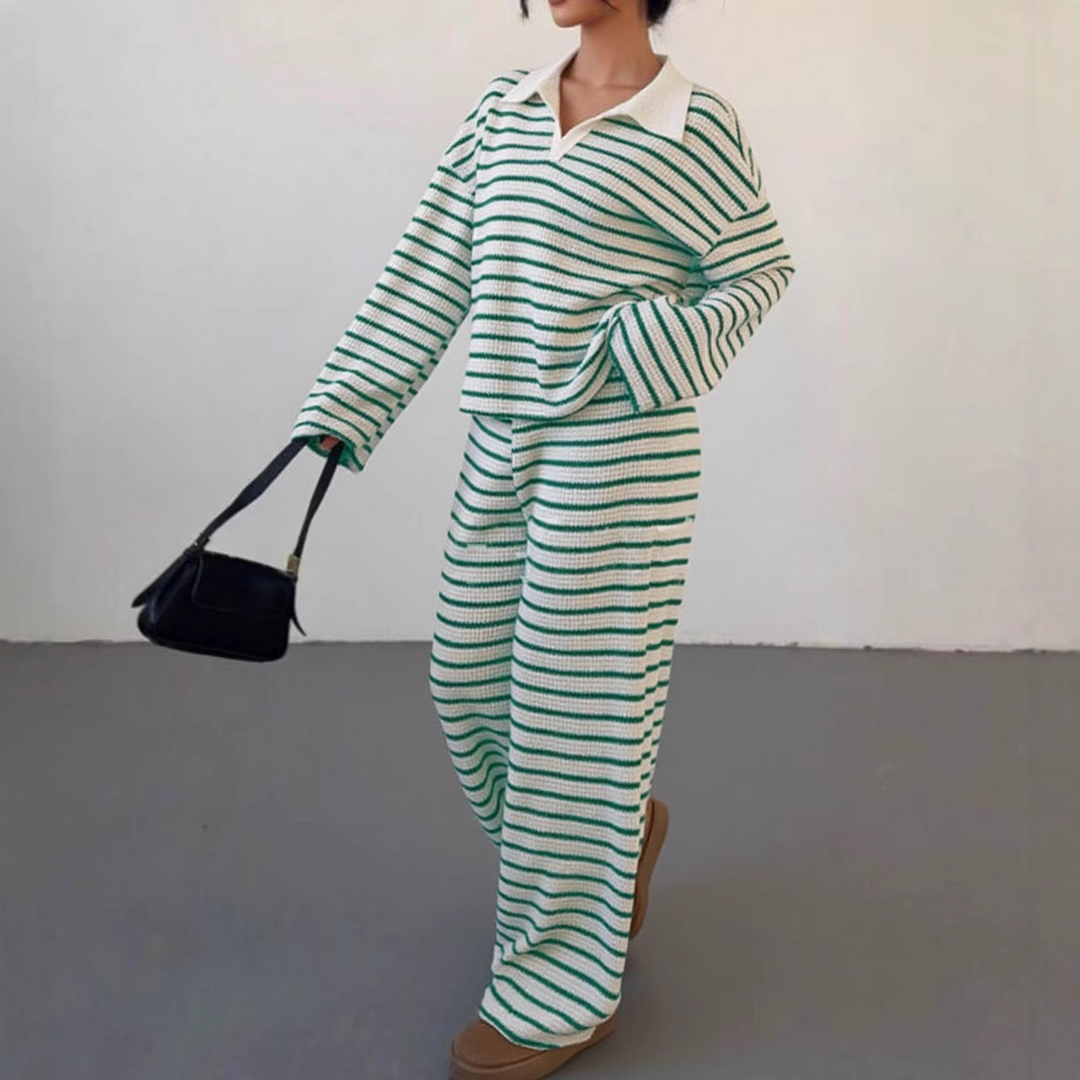 Verolyn - Striped V-Neck Top &amp; Trouser Set