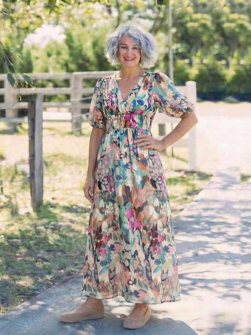 Gathered Waist Floral Midi Dress in Multicolour — VerolynBoutique