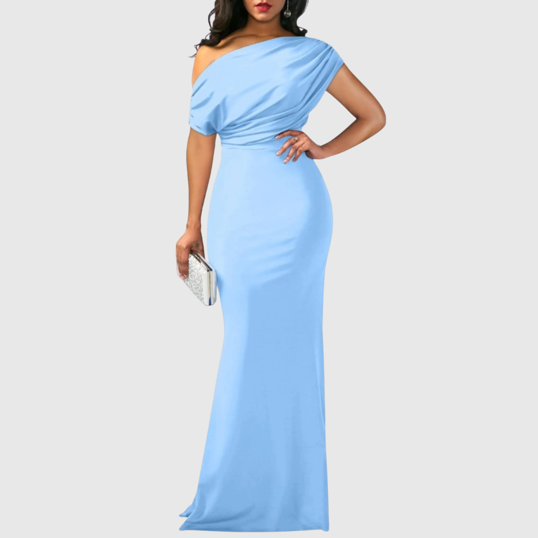Draped One-Shoulder Formal Gown in Sky Blue — VerolynBoutique