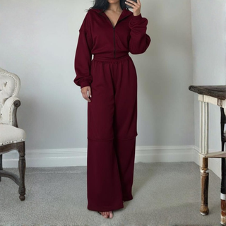 Zip-Up Hoodie Wide-Leg Set in Burgundy — VerolynBoutique