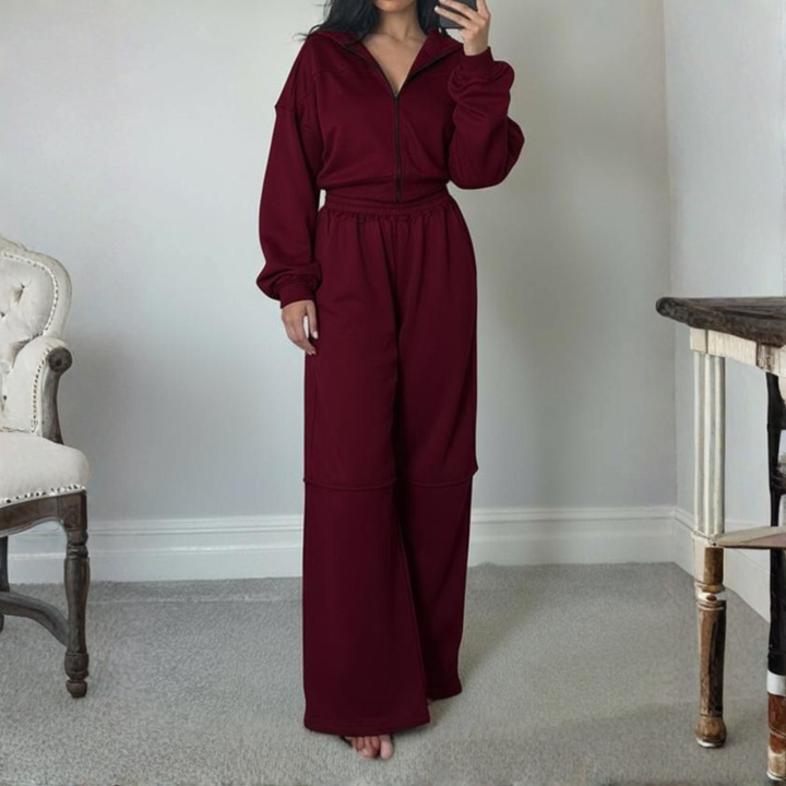 Zip-Up Hoodie Wide-Leg Set in Burgundy — VerolynBoutique
