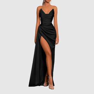 Ruched Satin Maxi Dress in Red — VerolynBoutique