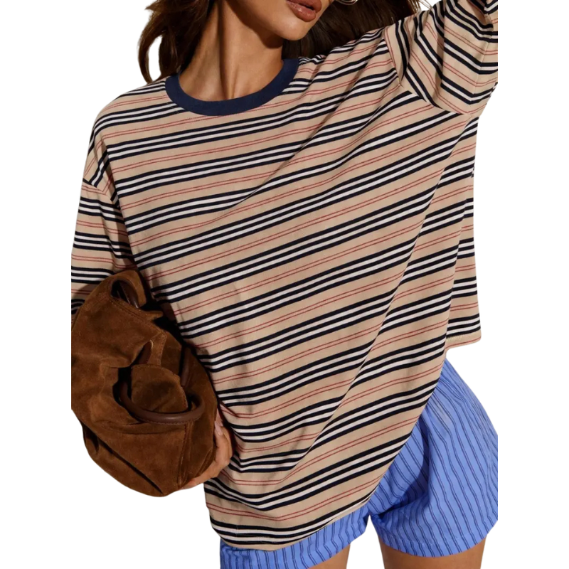 Oversized Striped Long Sleeve Top in Khaki — VerolynBoutique