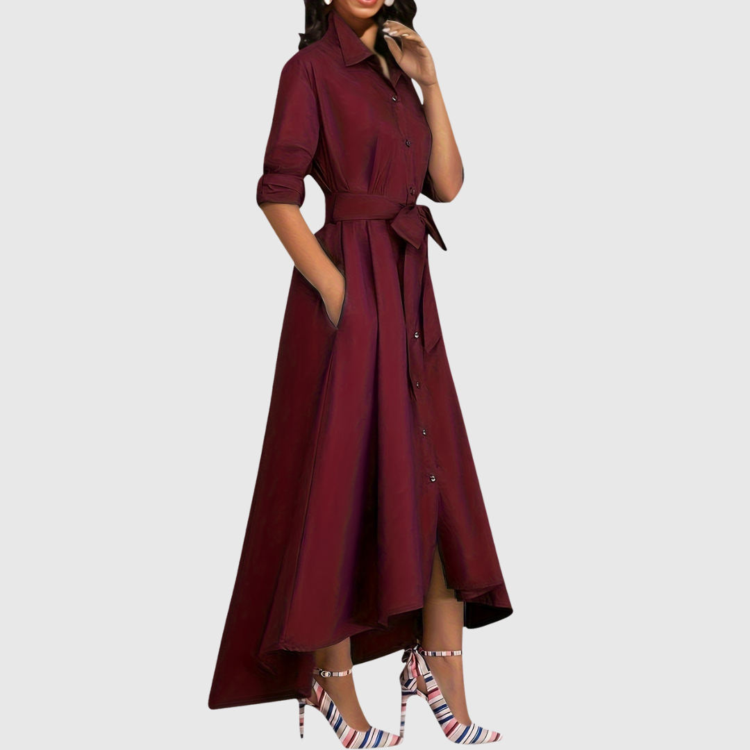 Button-Front Belted Maxi Dress in Navy — VerolynBoutique