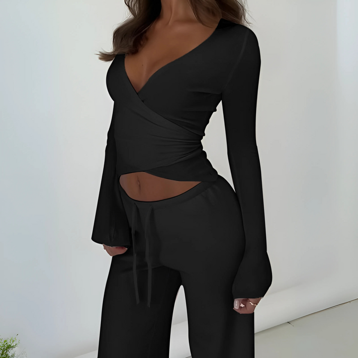 Wrap V-Neck Top Trouser Set in Black — VerolynBoutique