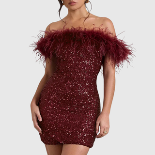 Off-Shoulder Sequin Mini Dress in Red — VerolynBoutique
