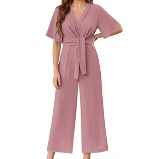 Tie-Waist Wrap Wide-Leg Jumpsuit in Pink — VerolynBoutique