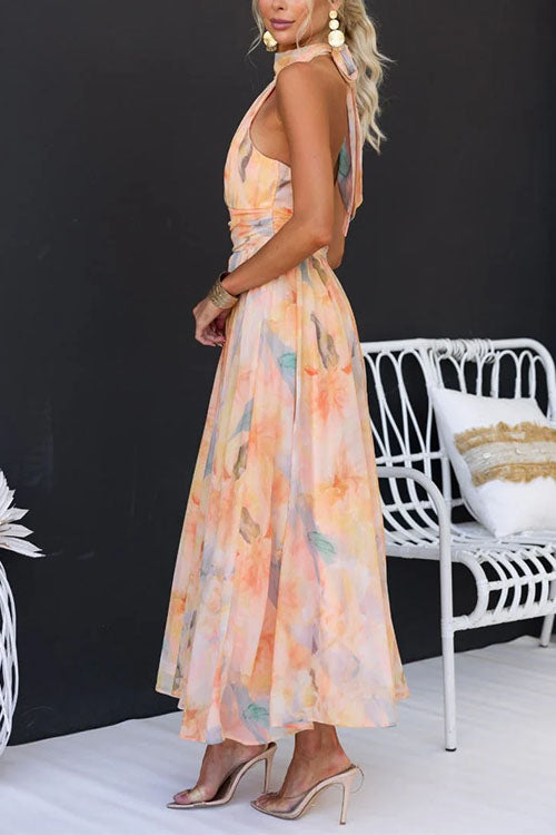 Halter Neck Floral Maxi Dress in Apricot — VerolynBoutique
