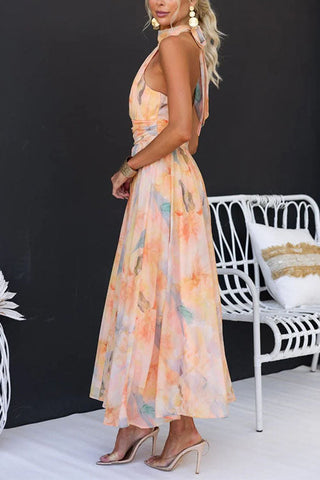 Halter Neck Floral Maxi Dress in Apricot — VerolynBoutique