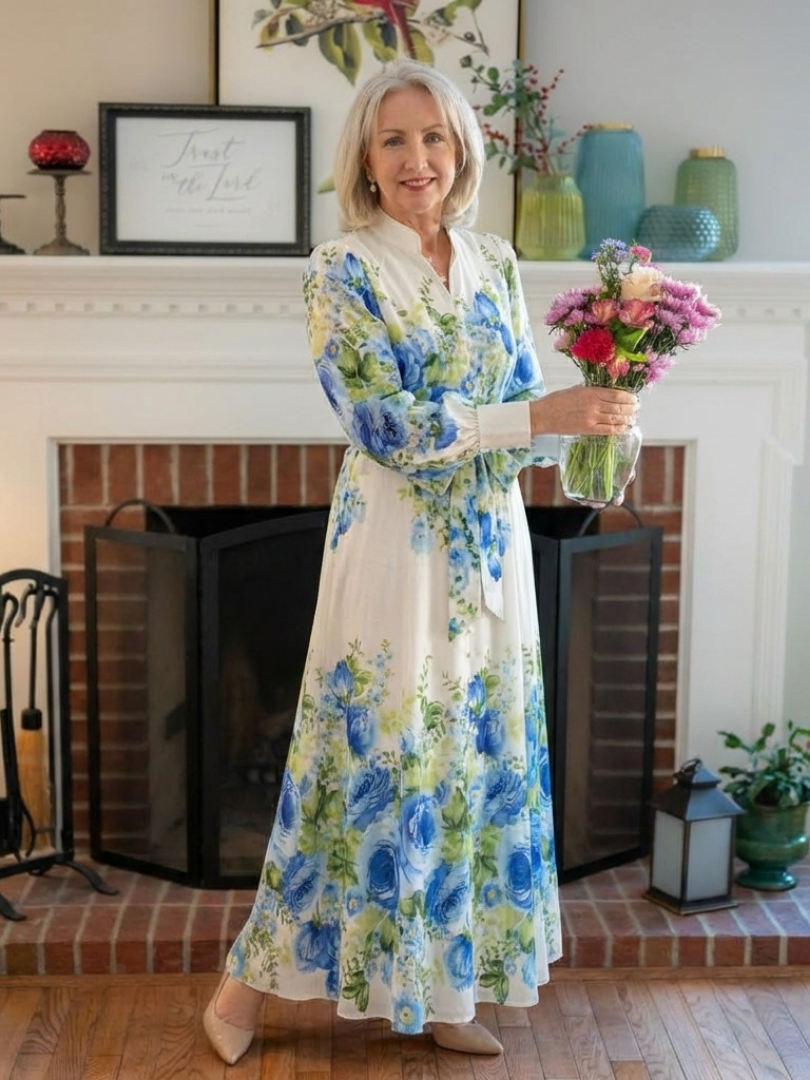 Button-Front Tie-Waist Floral Maxi Dress in Green — VerolynBoutique