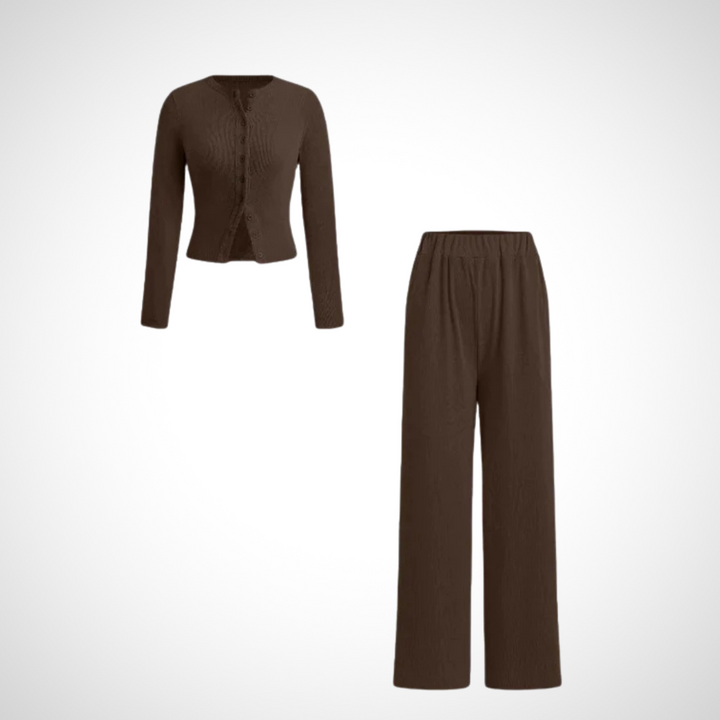 Button Front Top Trouser Set in Brown — VerolynBoutique