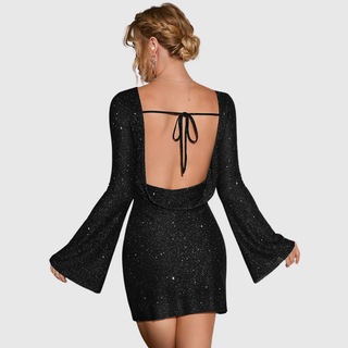 Shimmer Ruched Mini Dress in Black — VerolynBoutique