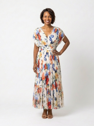 Pleated V-Neck Floral Midi Dress in Multicolour — VerolynBoutique