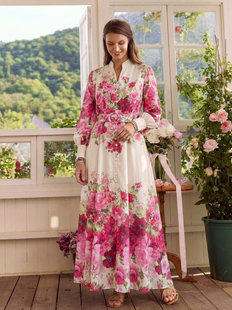 High-Neck Belted Floral Maxi Dress in Pink — VerolynBoutique