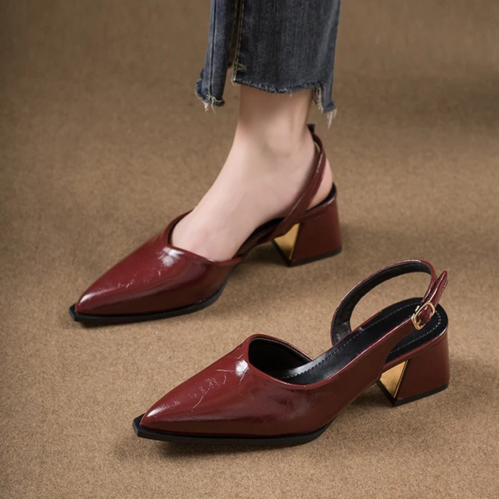 Glossy Pointed Slingback Block Heels in Burgundy — VerolynBoutique
