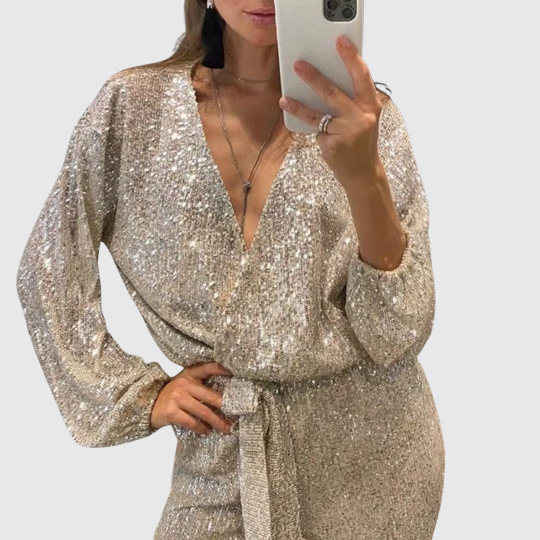 Glitter Belted Jumpsuit in Silver — VerolynBoutique