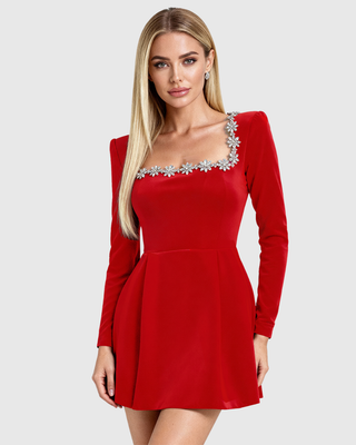 Crystal Square Neck Velvet Dress in Black — VerolynBoutique