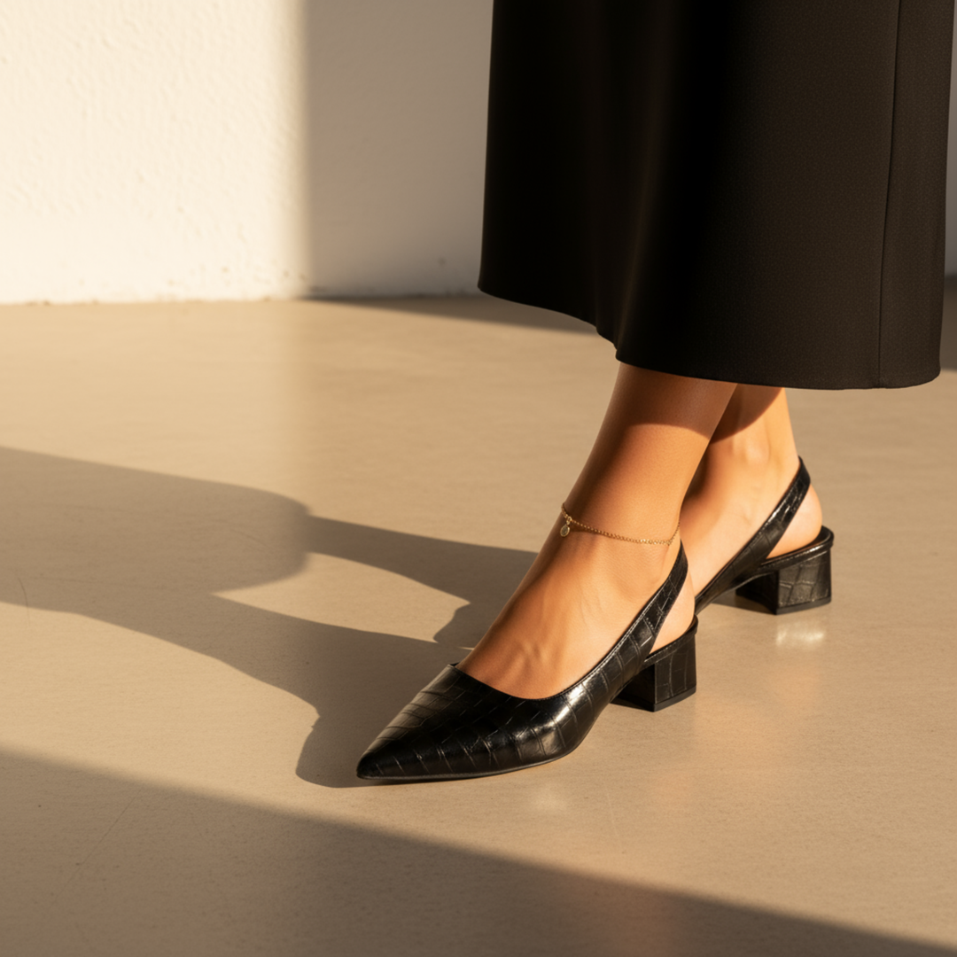 Croc-Effect Slingback Block Heels in Black — VerolynBoutique