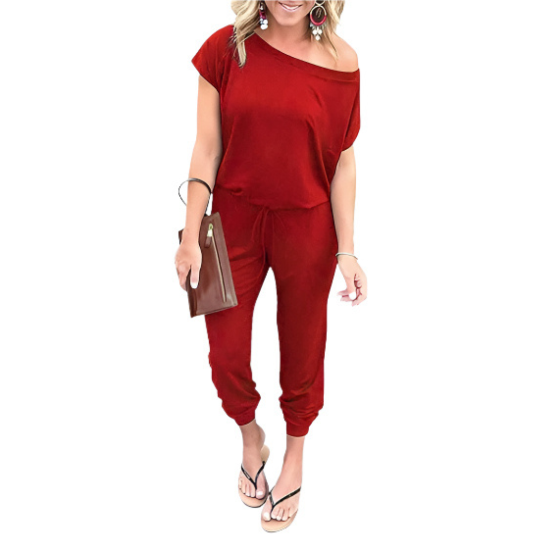 Off-Shoulder Jogger Jumpsuit in Red — VerolynBoutique