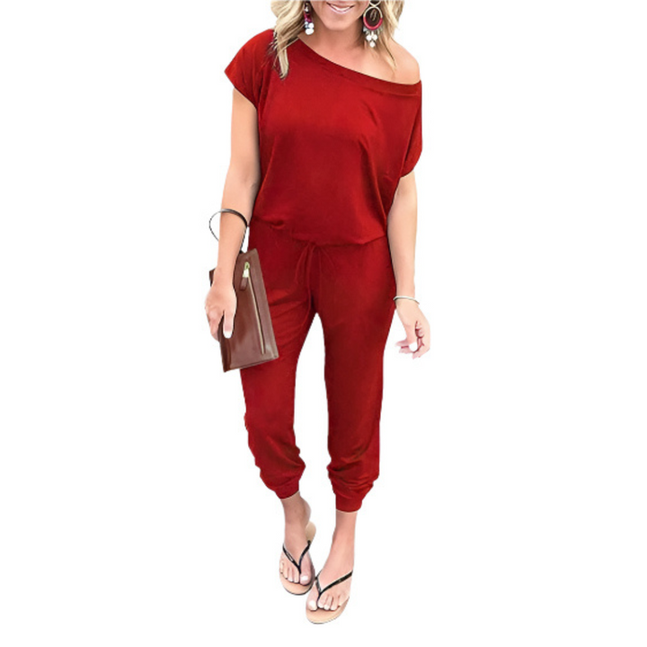 Off-Shoulder Jogger Jumpsuit in Red — VerolynBoutique