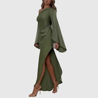 One-Shoulder Satin Evening Dress in Olive — VerolynBoutique