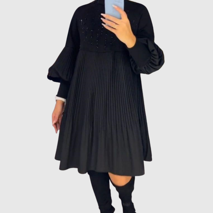 Pleated Puff-Sleeve Gown in Black — VerolynBoutique