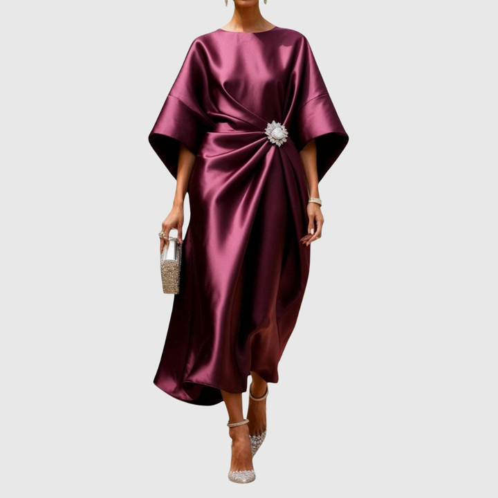 Satin Brooch Midi Dress in Red — VerolynBoutique