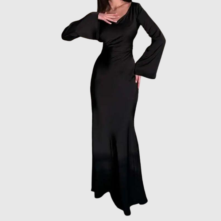 Flared Cuff Satin Maxi Dress in Black — VerolynBoutique