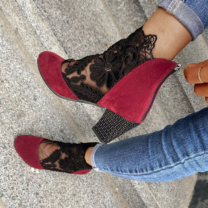 Lace Panel Heeled Ankle Boots in Black — VerolynBoutique