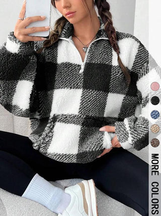 Verolyn - Plaid Print Half Zip Sweatshirt